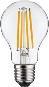 Eine klare Glühbirne mit LED-Filamenten.