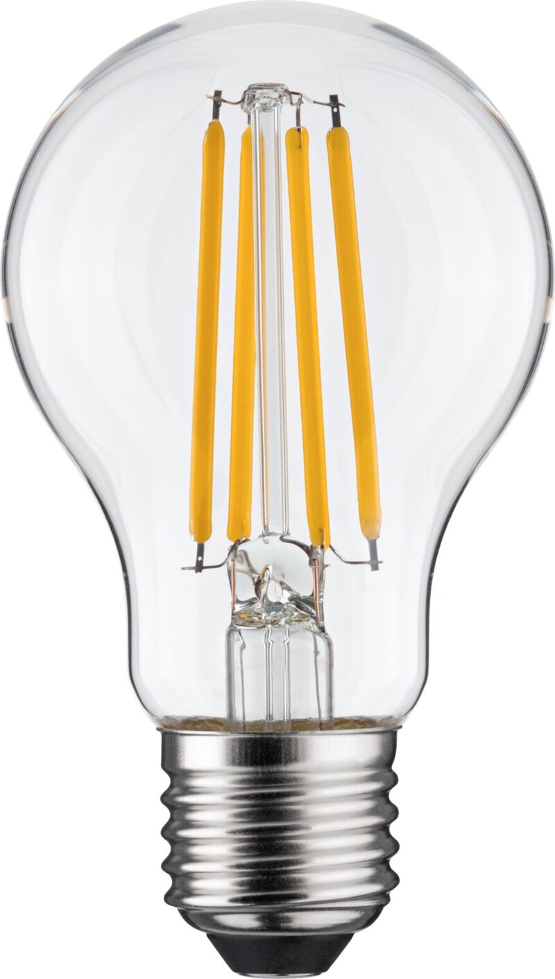 Eine klare Glühbirne mit LED-Filamenten.