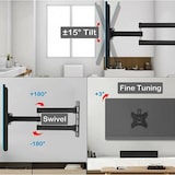 Un soporte de pared giratorio para TV con inclinación y ajuste fino.