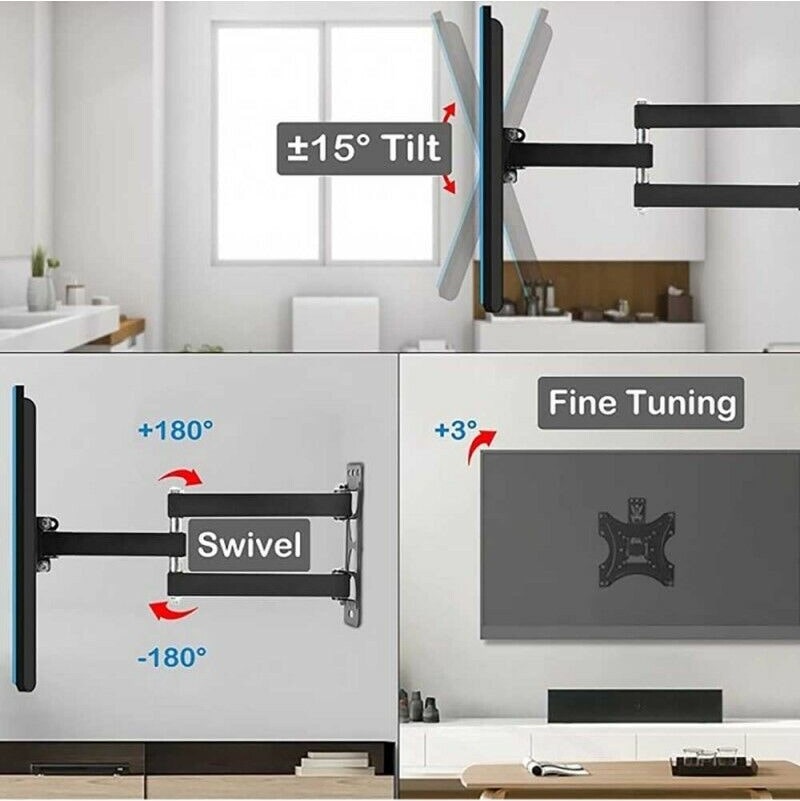 Un soporte de pared giratorio para TV con inclinación y ajuste fino.