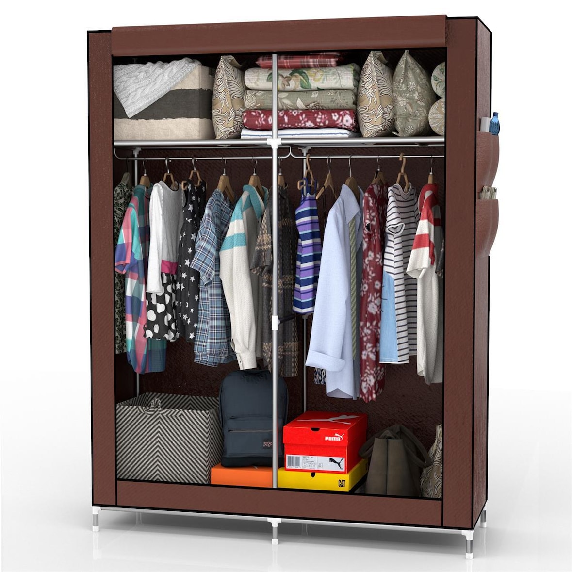 Intirilife Faltschrank 108x45x170 cm in BIBER BRAUN - Schrank mit Reißverschluss aus Stoff Kleiderschrank mit Kleiderstange, Seitentasche und Fächern