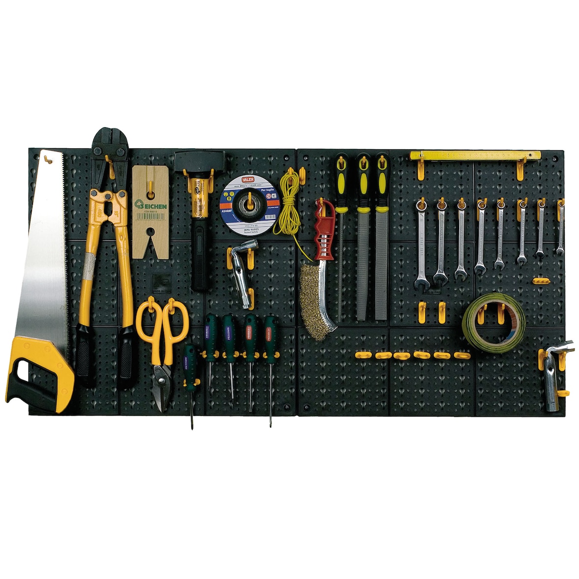 ArtPlast - Panel organizador de Herramientas 50x2x50 cm de Polipropileno con 50 Ganchos en color Negro y Amarillo - Colección PANELLI