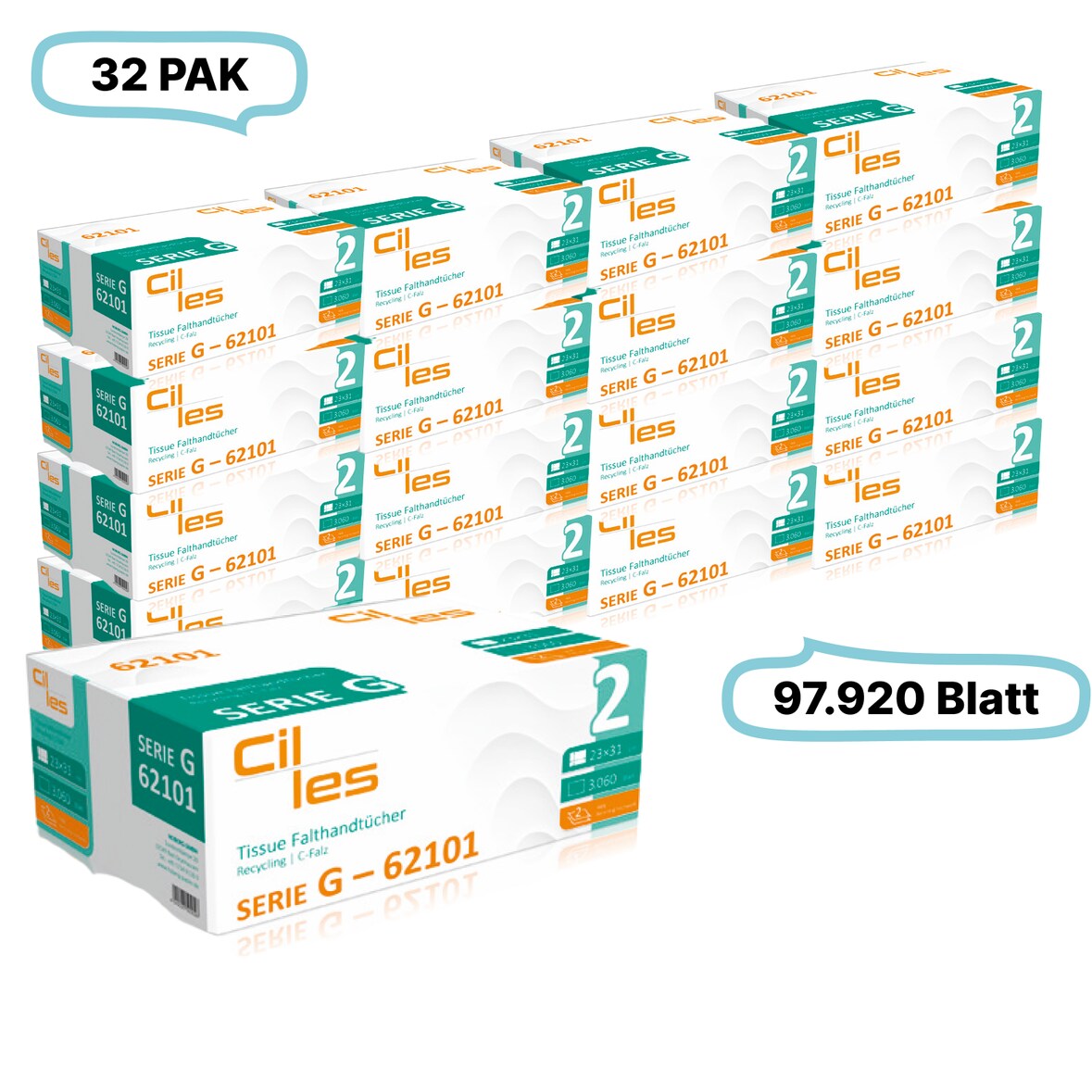 Falthandtücher 23x31cm, 2-lg, 32 Pak, 97.920 Blatt gesamt, 3.060 Blatt/ Pak, Recyclingpapier, C-Falz, CIL- les Tissue, Series G