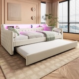 thumbnail of Tagesbett 90x200 cm aus Leinen mit Ausziehbett, stilvolle LED-Beleuchtung, USB-Anschluss, komfortables Design in Beige, ideal für kleine Räume