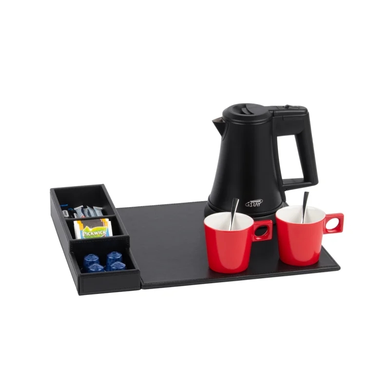 Willkommenstablett SNAP Schwarz mit Wasserkocher STAR 0,5 L Schwarz und 2 rote Porzellantassen