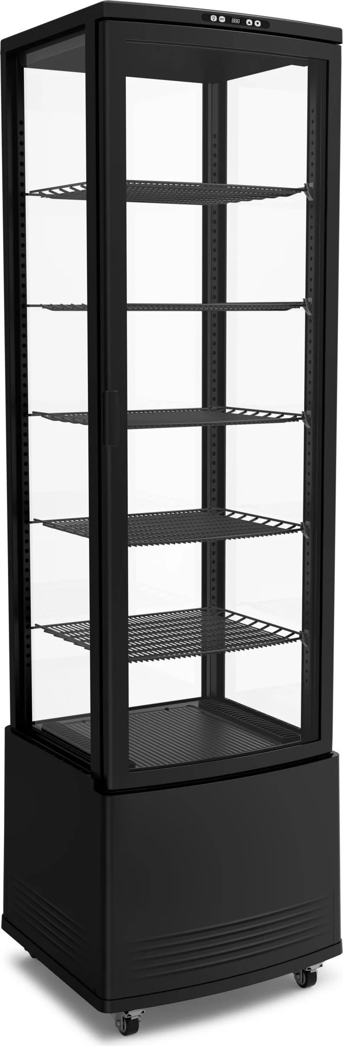Schwarzes Glas 4-seitig gekühlte Gebäckvitrine 271 lt +1 +12 °C 56,2x53,2x190,5h cm