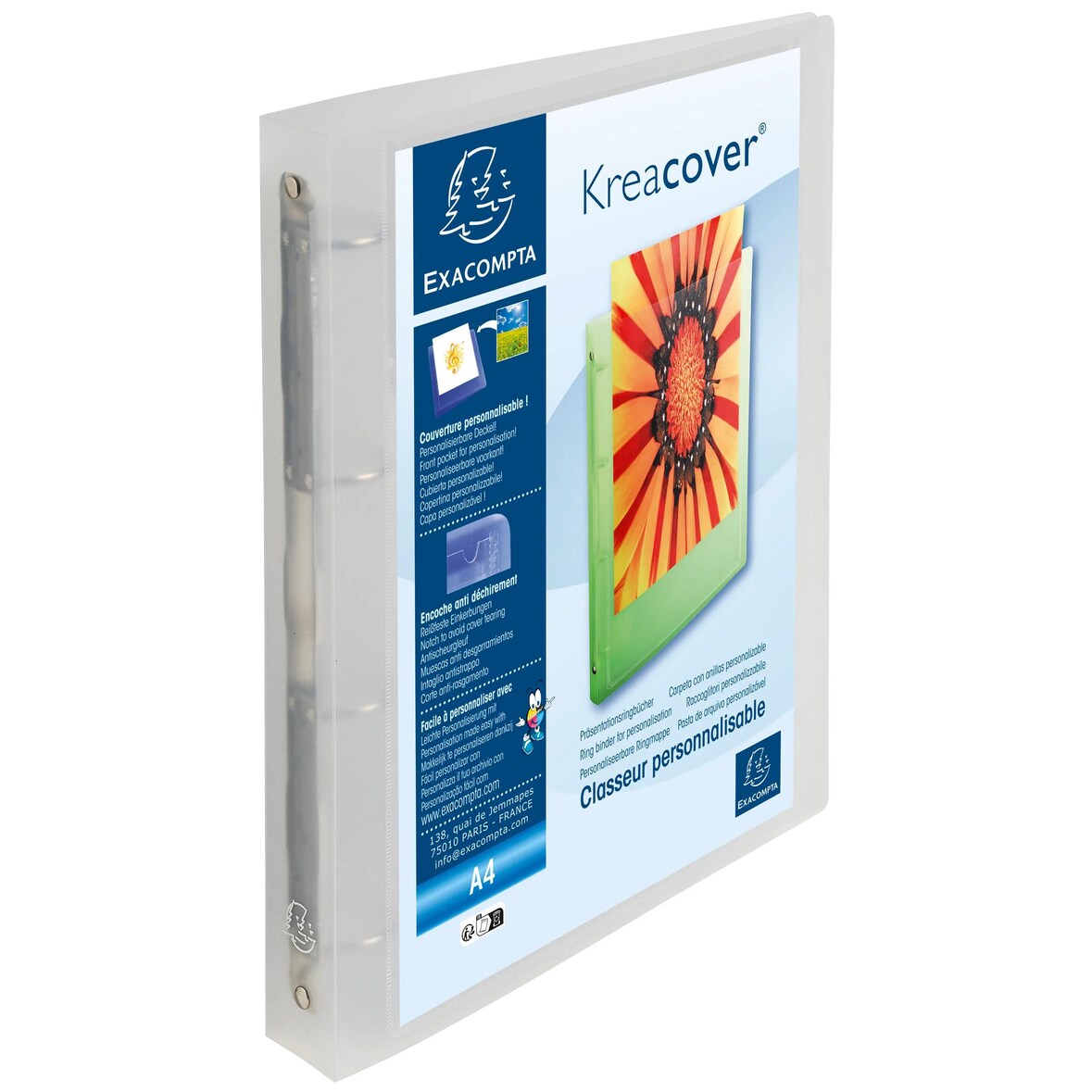 Exacompta 51568E 12x Ringbuch aus festem PP 1000µ, 4 Ringe 30mm, Rücken 40mm, 32x26,8cm für DIN A4 MAXI - Chromaline Kreacover - Transparent