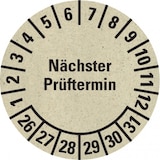 thumbnail of Dreifke® Prüfplakette Nächster Prüftermin 26-31, natur, Graspapier, Ø 30mm, 500 Stk.