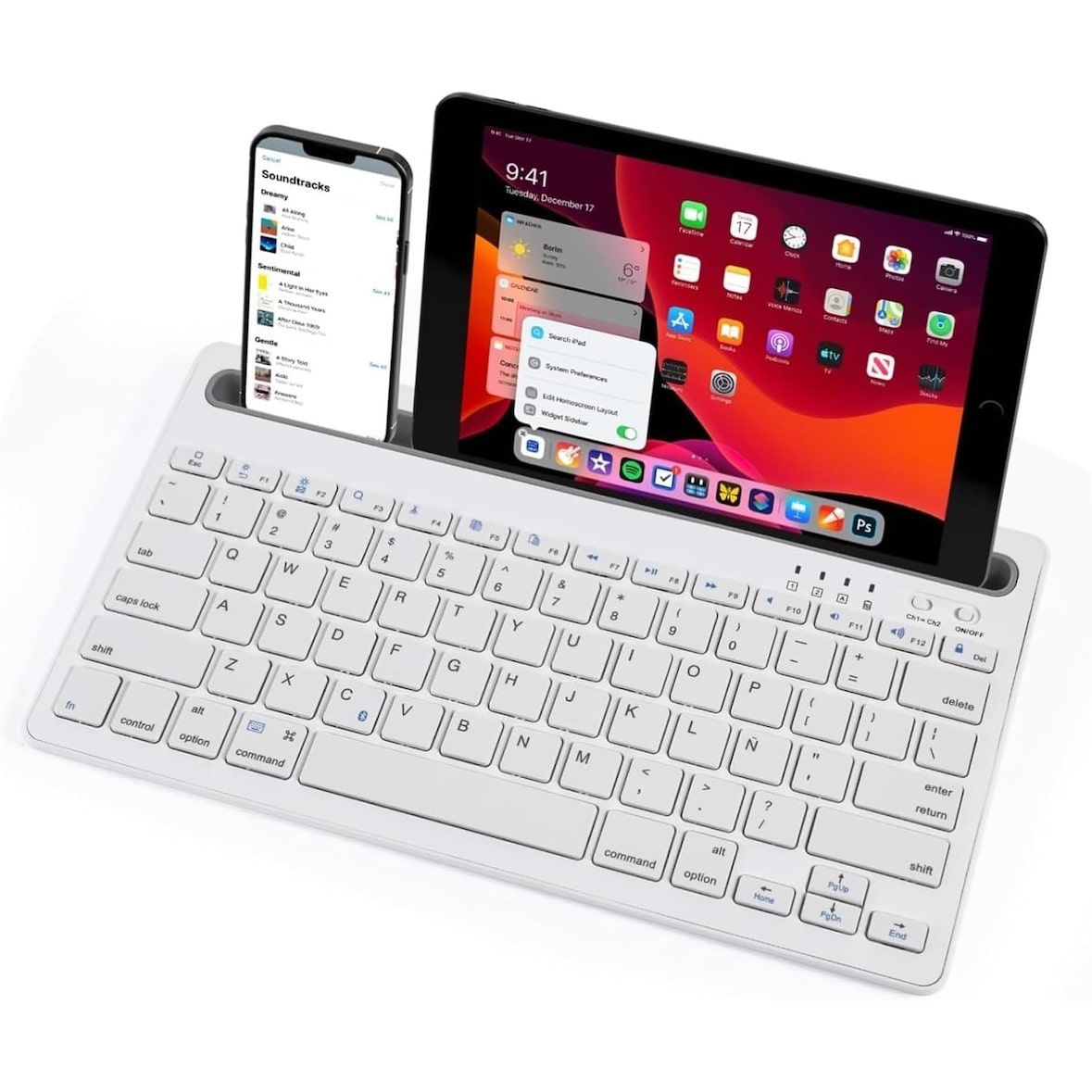 Teclado sem fios portátil com slot Bluetooth para telemóvel, tablet compatível com portátil, PC (branco)
