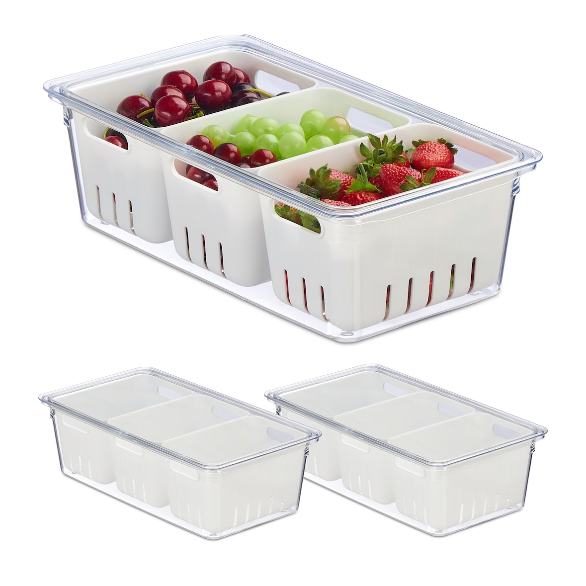 Relaxdays Kühlschrank Organizer, 3er Set, stapelbar, 3 Abtropfkörbe, Lebensmittel Organizer mit Deckel, transparent/weiß