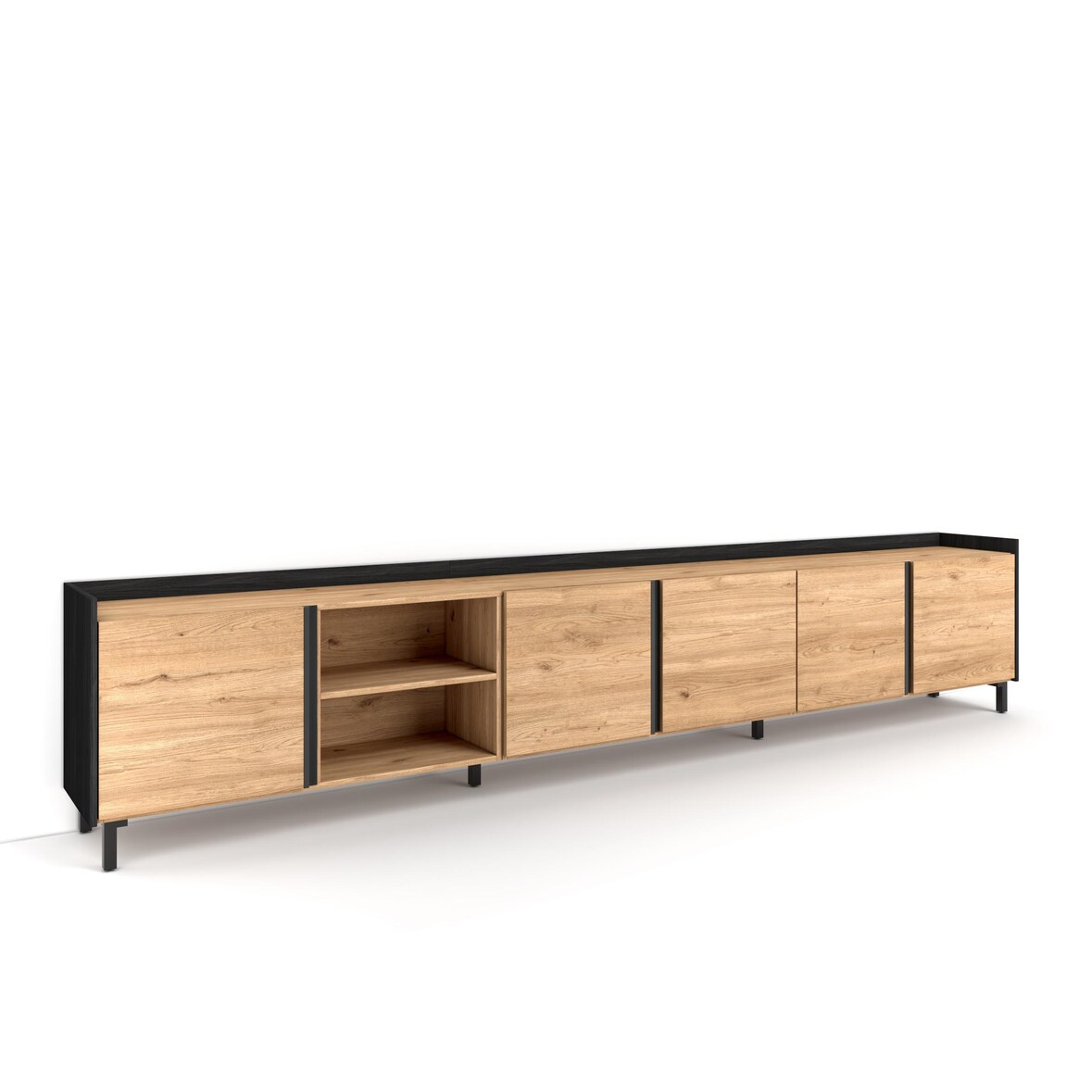 TV-Schrank, Lowboard, 309x61x35 cm, Für TV-Geräte bis zu 80", Industriedesign, Eiche Schwarz