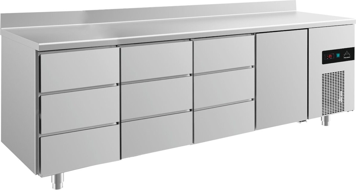 Gastro Kühltisch 1 Tür rechts je 3 Schubladen links&mittig Umluftkühlung Aufkantung, 2330x700x850mm -2/+8°C Edelstahl ISO 50mm
