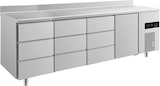 thumbnail of Gastro Kühltisch 1 Tür rechts je 3 Schubladen links&mittig Umluftkühlung Aufkantung, 2330x700x850mm -2/+8°C Edelstahl ISO 50mm
