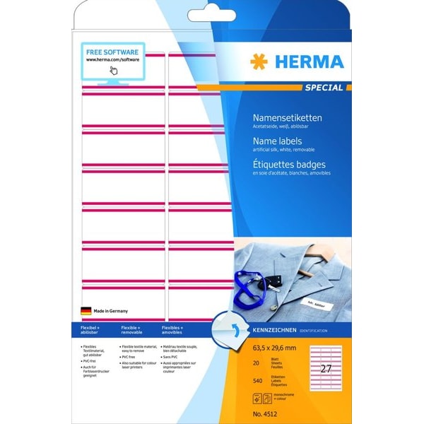 Namensetiketten 63,5 x 29,6 mm, 540 Etiketten, aus Acetatseide, weiß rote Streifen