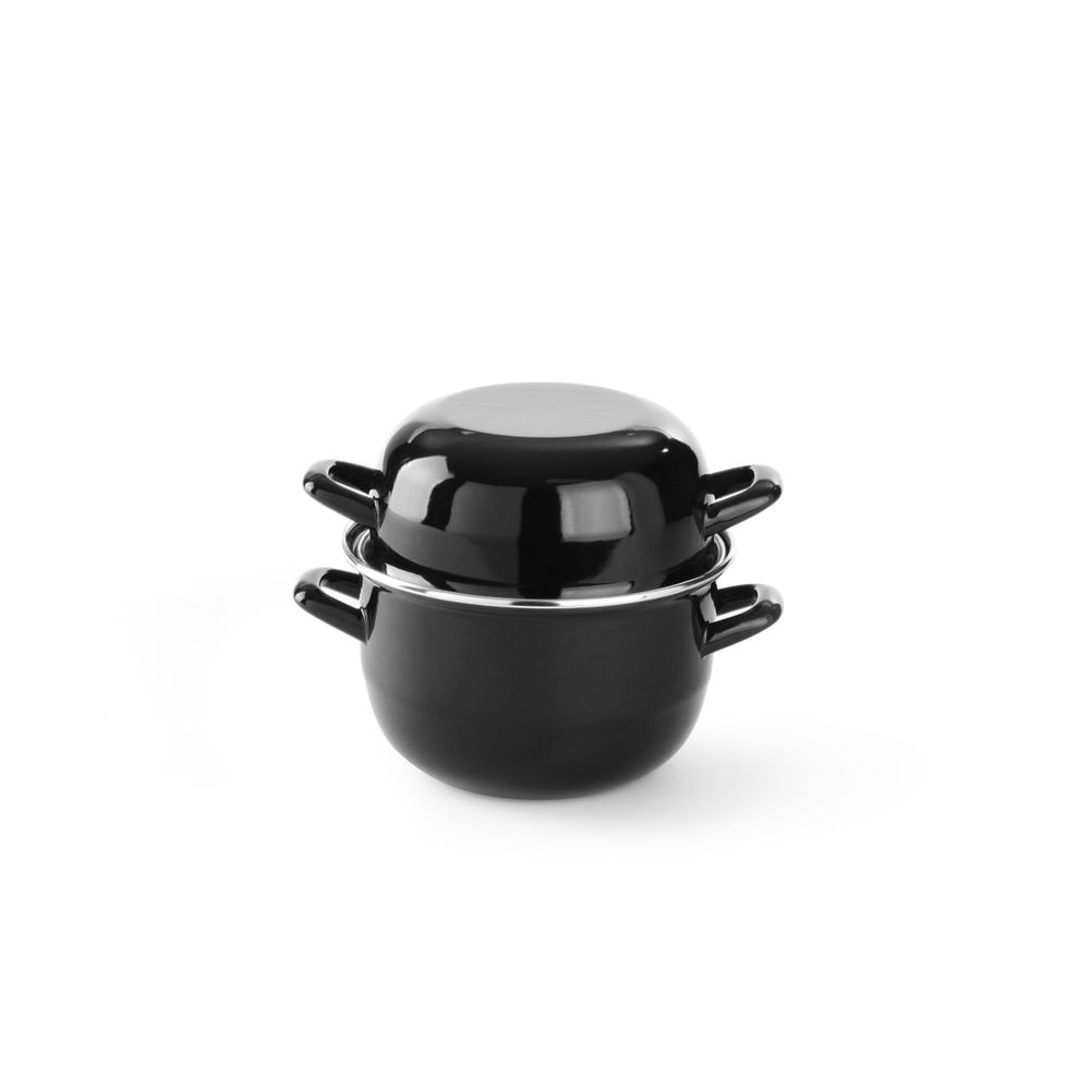 6x Emaille Muscheltopf mit Deckel, schwarz emailliert, 2,5L, Ø 20 cm