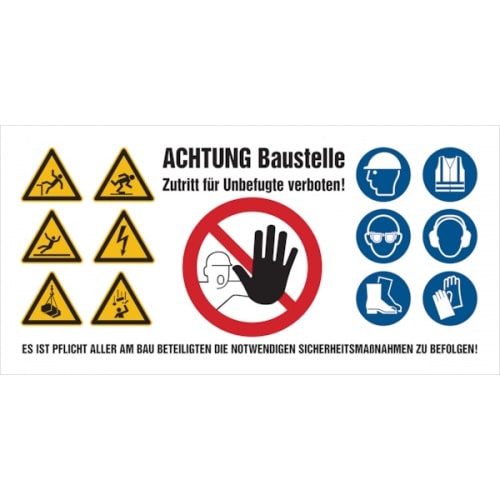 Baustellenbanner aus Gewebeplane, PVC - Symbole gem. ISO 7010 - 1500 x 750 mm PVC-Gewebeplane