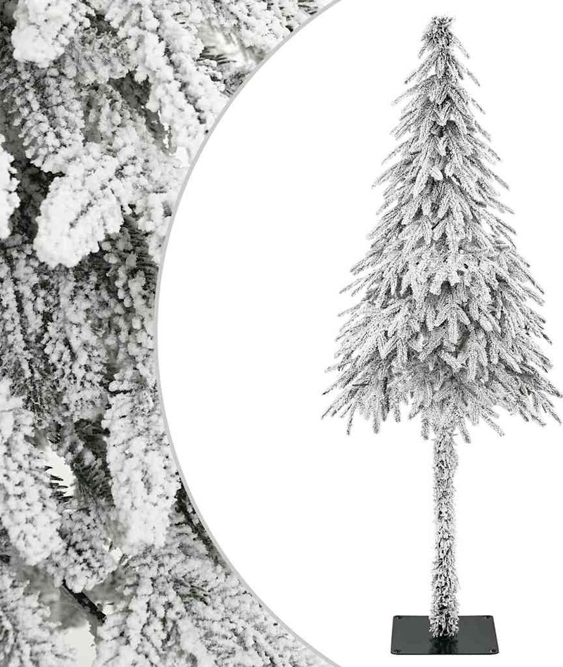 Ein verschneiter künstlicher Weihnachtsbaum mit Ständer.