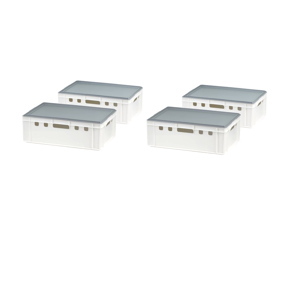 4 Stück Weiß E2 Kisten 600x400x200 mm Fleischkasten Lagerkiste Metzgerkiste mit 4 grauen Deckeln