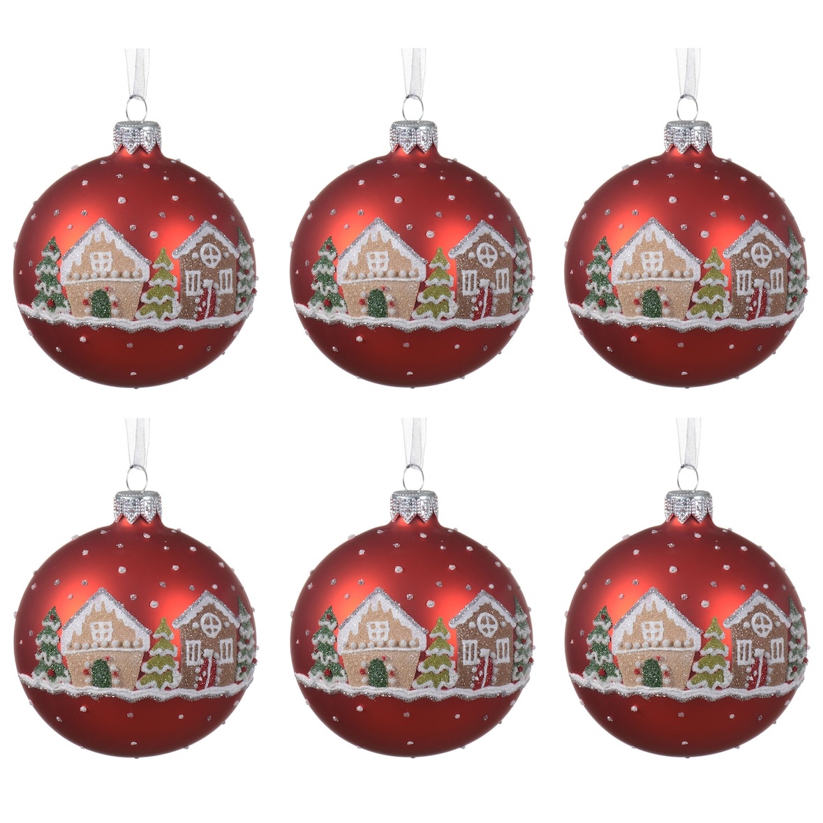 6 Glaskugeln Weihnachtsmotive 8cm Handbemalt Weihnachtskugeln Christbaumkugeln Glitzer matt rot