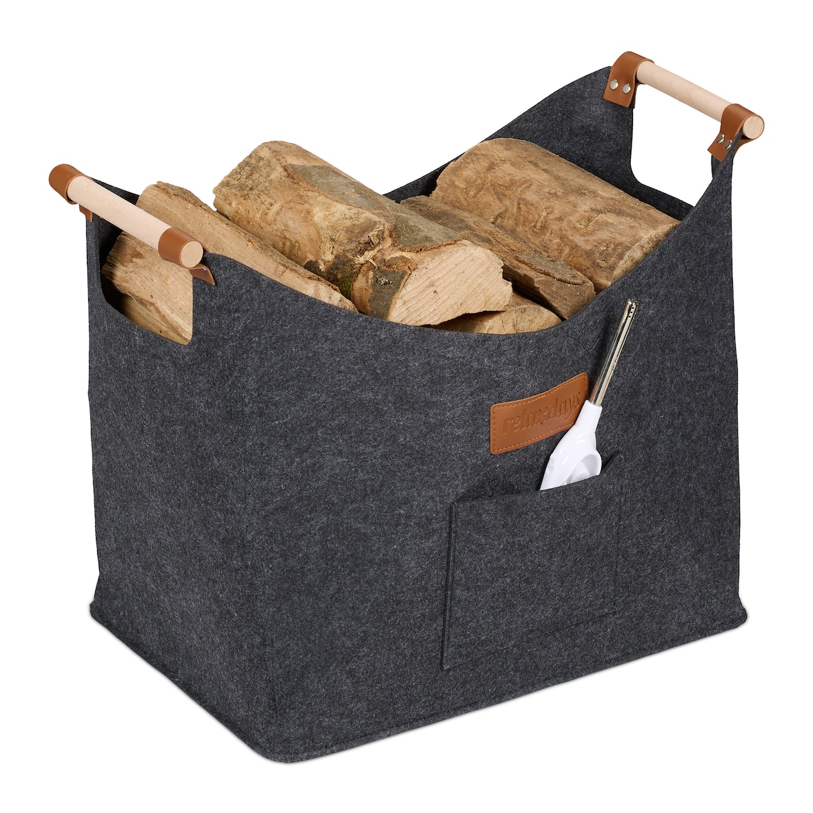 Relaxdays Kaminholzkorb Filz, 50L, Feuerholzkorb mit Tragegriffen, HBT: 40x51x32 cm, Filzkorb für Brennholz, innen, grau