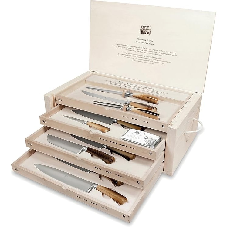 Coltellerie Berti - Il Trinciante Completo - Set coltelli Cucina forgiati - 14 pezzi - Manico Plenum in Cornotech