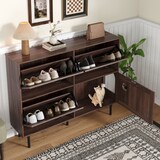 thumbnail of Schmaler Schuhschrank 28x120x92 cm mit 3 Klappen, Katzenspielzeug und Walnussfurnier für Stauraum und stilvolle Aufbewahrung