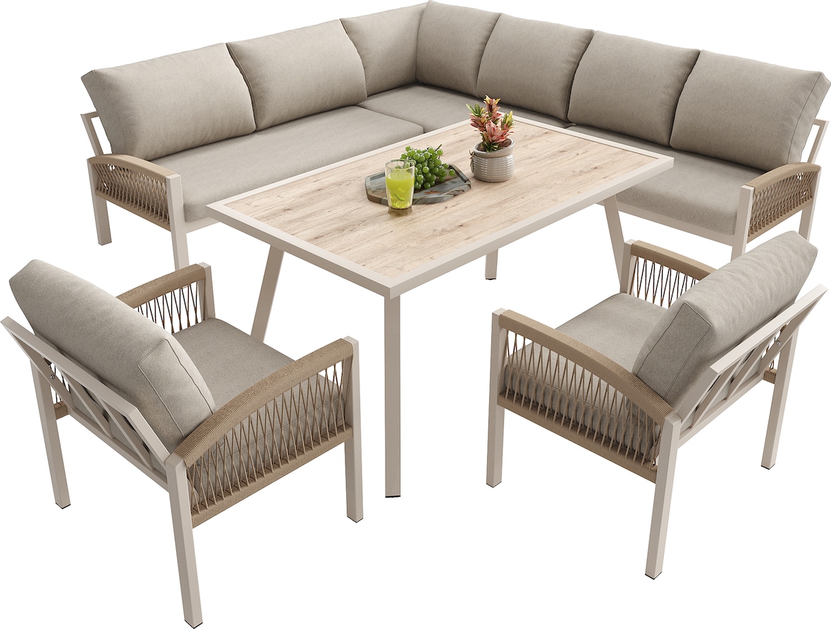 Merax set modular de jardín para 6-8 personas, sofá esquinero, 2 sofás sillón, 2 sillones individuales, mesa, cojines, beige