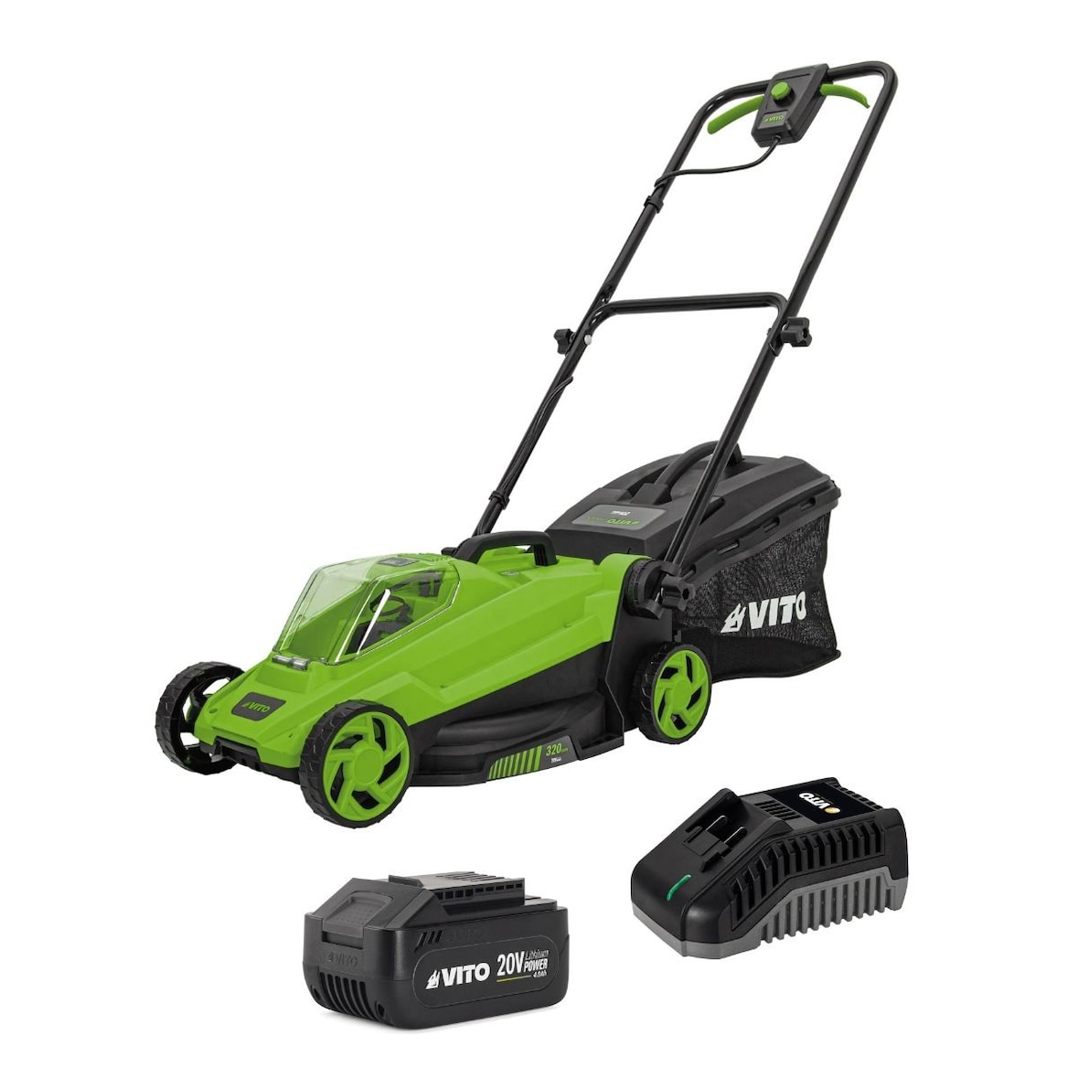 Cortacésped inalámbrico de 20 V + batería de litio de 4 Ah, ancho de corte de 320 mm, contenedor de 30 L + cargador VITO de 20 V