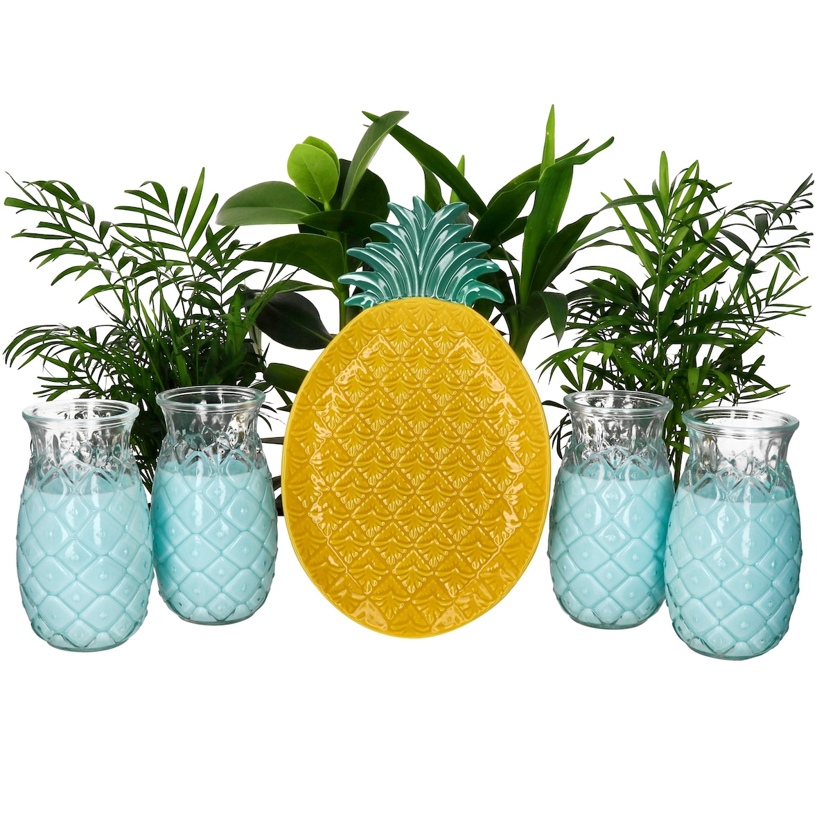 5tlg Party-Set PINA 4x Colada Gläser & 1x Teller mit Ananas-Relief – 1x PIYG3020 & 4x 992427