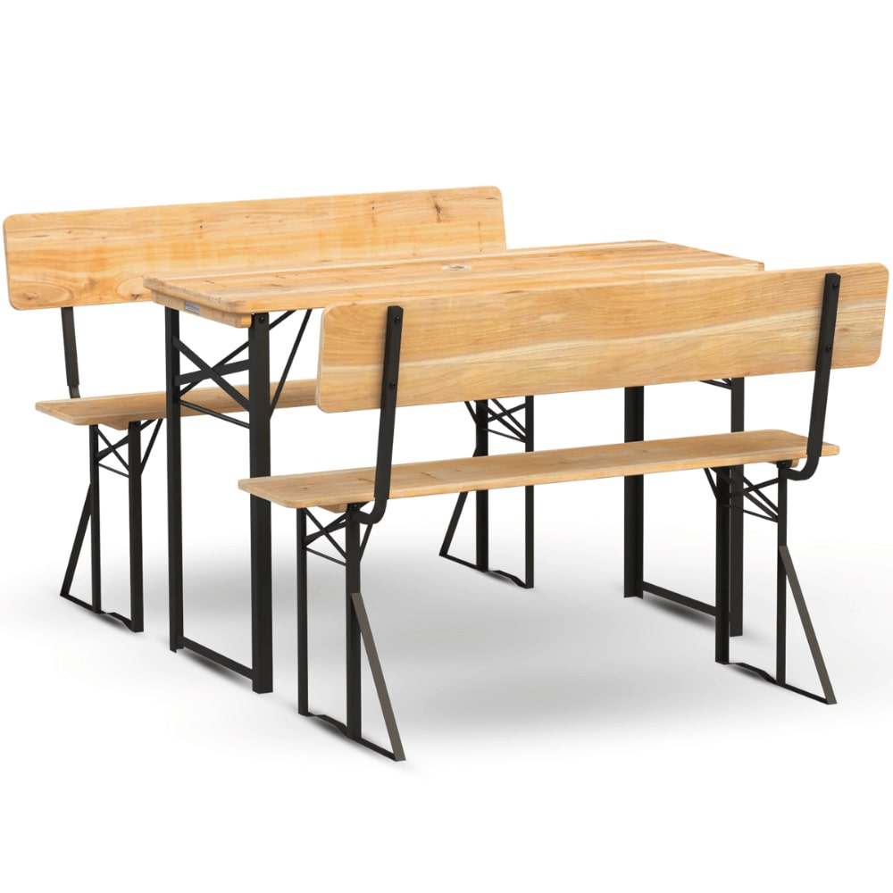 Bierzeltgarnitur mit Lehne klappbar Holz 120cm klein RINHO - 3 Teilig | 2x Bierbank 1x Biertisch | Festzeltgarnitur Biertisch Stehtisch Sitzgarnitur