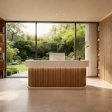 thumbnail of Empfangstheke & Bartheke mit Rundung, Vertikalstreifen-Design, für Salon, Hotel & Laden, Braun 180×60×100cm【Baise+yuanmuse180】