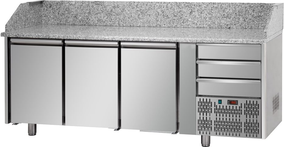 Tecnodom Pizzatheke 3 Türen GN 1/1 3 neutrale Schubladen und Granitplatte