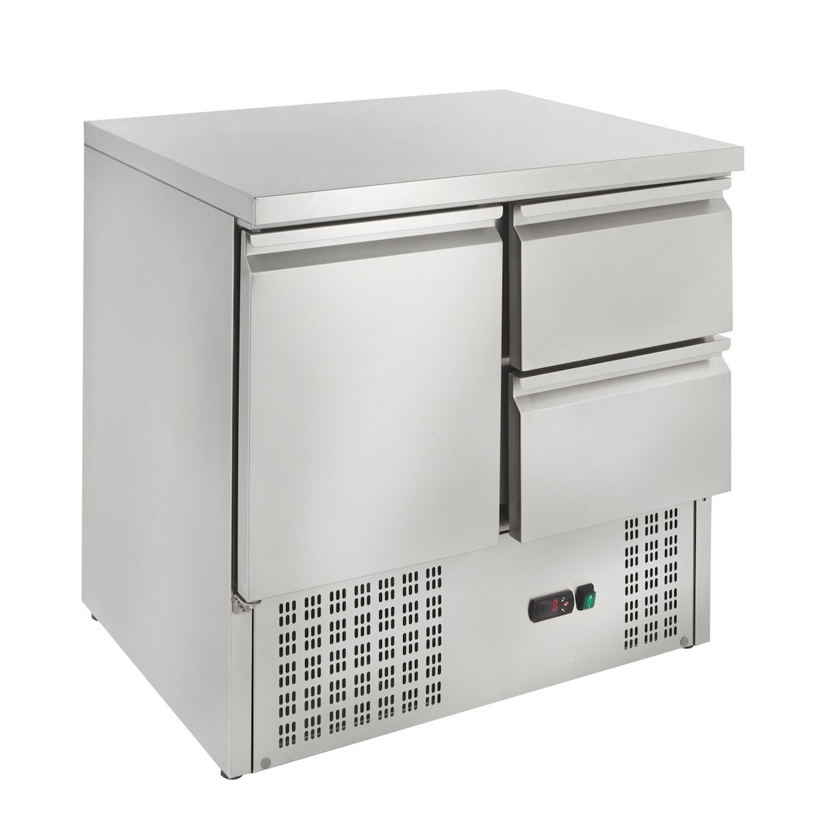 GastroHero Kühltisch Mini Edelstahl GN 1/1 1 Tür 2 Schubladen statische Kühlung +2 °C bis +8 °C 230 V Profi Gastronomie ECO 1/2 900x700x870 mm