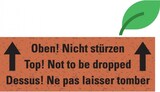 thumbnail of Aufkleber I Warnetikett Oben! Nicht stürzen, 3-sprachig, rot, Graspapier, 147x50mm, 6/Bogen