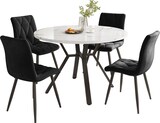 thumbnail of Essgruppe rund 100x100x75 cm Tisch MDF Marmoroptik mit Metallgestell Schwarz+Weiß, 4 Polsterstühle Wildlederoptik Schwarz, modern und platzsparend