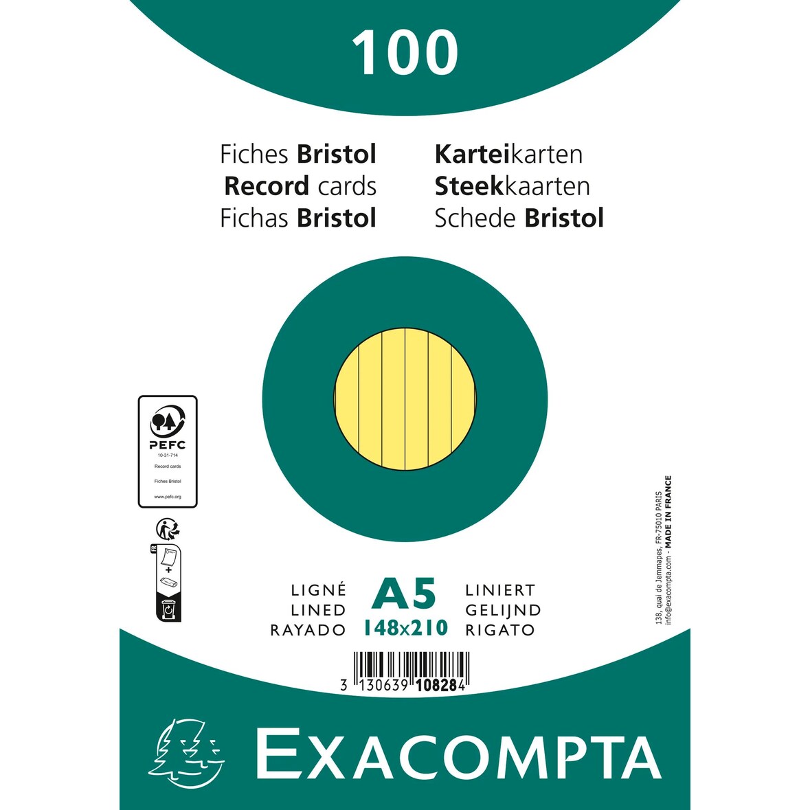 Exacompta 10828SE 10x Karteikarten liniert DIN A5 100 St eingeschweißt - Gelb
