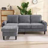 thumbnail of L-förmiges Ecksofa 202x137x80 cm mit Fußhocker, Getränkehaltern, USB, Stauraum, Holz- & Eisenrahmen, Leinenstoff, modern, komfortabel, Grau