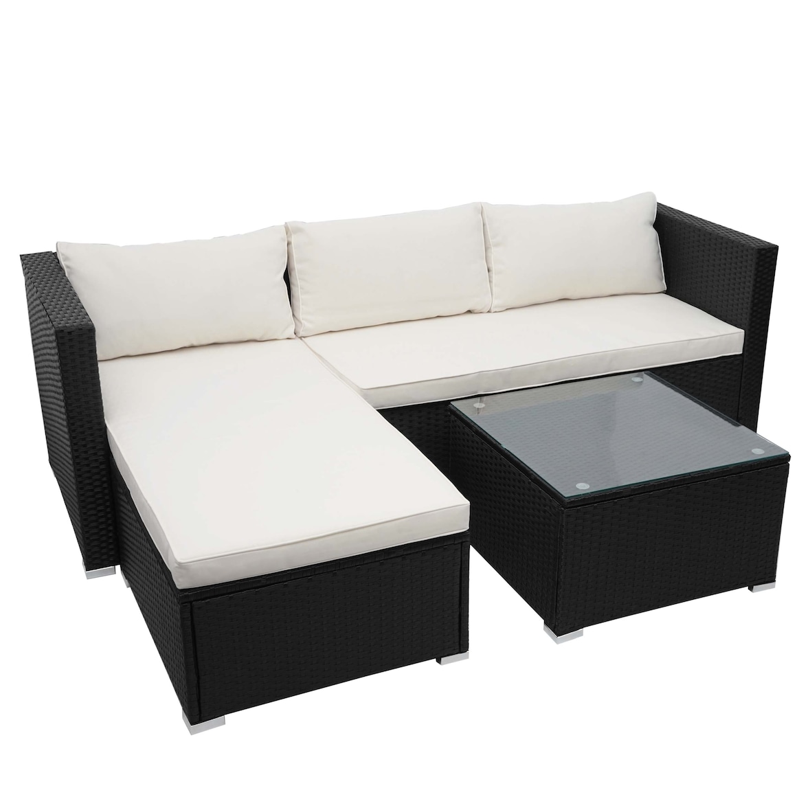 Poly-Rattan Garnitur HWC-F57, Balkon-/Garten-/Lounge-Set Sofa Sitzgruppe ~ schwarz, Kissen creme ohne Deko-Kissen