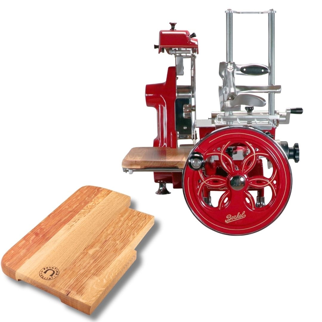 Berkel Volano B2 Rot, Schwungradmaschine – Wunderschöne Aufschnittmaschine + Fassholzbrett Unikat