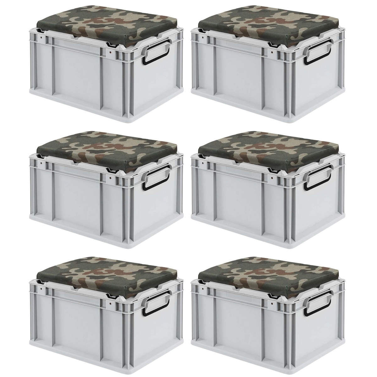 PROREGAL Mega Deal 6x Eurobox NextGen Seat Box Camouflage | HxBxT 26,5x30x40cm | 20 Liter | Griffe geschlossen | Eurobehälter, Sitzbox