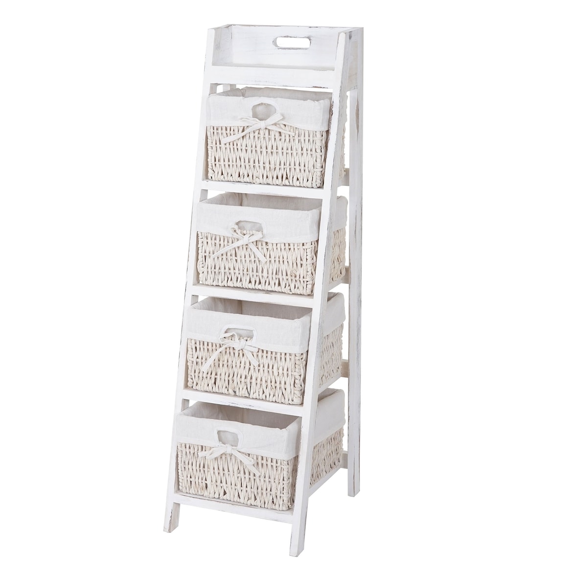 Scaffale a scaletta Goiana, scaffale con 4 cassetti per cestini 101x30cm, aspetto shabby, vintage ~ bianco