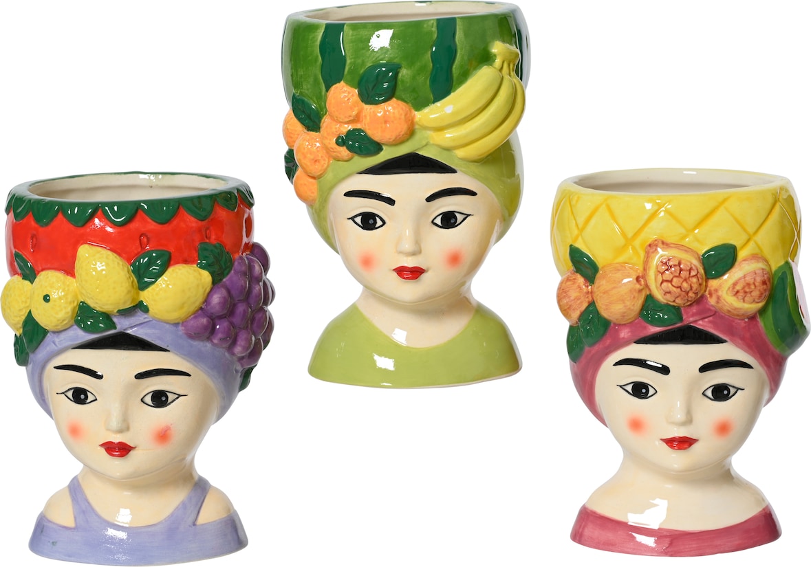 1 Blumentopf Frau mit Fruchthut 9,5x13,5cm Keramik Übertopf Dekotopf Blumenübertopf Frauenkopf mit Früchten Pflanztopf Pflanzentopf Pflanzgefäß