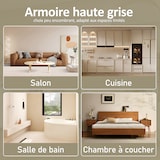 thumbnail of Badezimmer Hochschrank 160x58x29 cm Grau mit Glastür und Holzfront, 4 Türen, 2 offene Ablagen, verstellbare Einlegeböden, lackierte Oberfläche