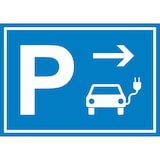 thumbnail of E-Auto Elektrofahrzeug Parkplatz Schild mit Richtungspfeil rechts waagerecht A4 (210x297mm)