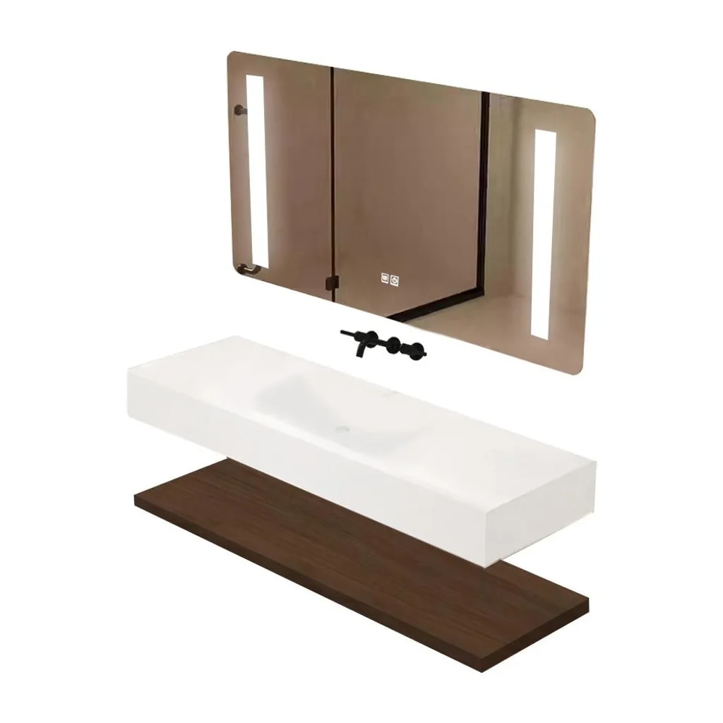 Wandhängendes Badezimmermöbel-Set mit Sinterstein-Waschbecken, Spiegel, Ablageplatte und Ablaufgarnitur 120×55 cm【R344-120】