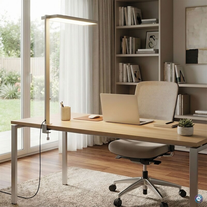 Ein Schreibtisch mit Laptop und Lampe.