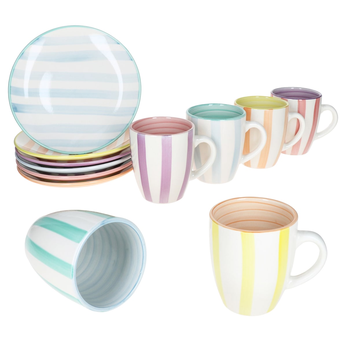Beach Pastello Stripes 12tlg Frühstücksset Steingut 6Pers Teller Becher Pastell