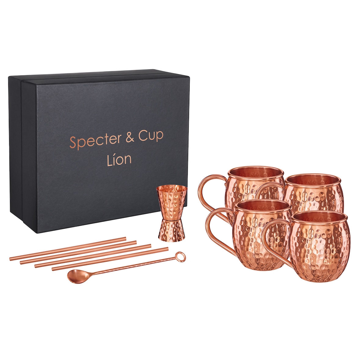 Specter & Cup - Líon - Moscow Mule Kupferbecher-Set 500ml - (4er-Set) + Zubehör