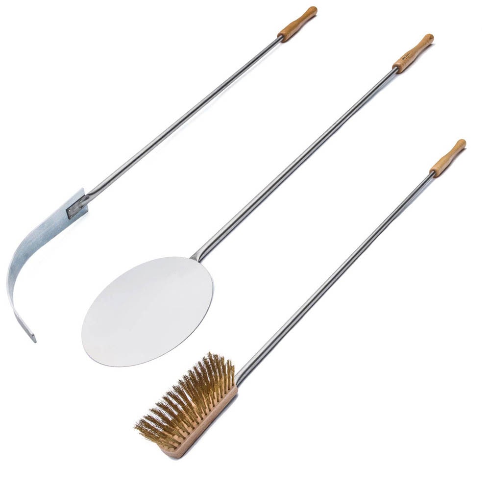 Conjunto de utensílios para forno a lenha com pá redonda, escova e pá para cinzas, cabo 115 cm