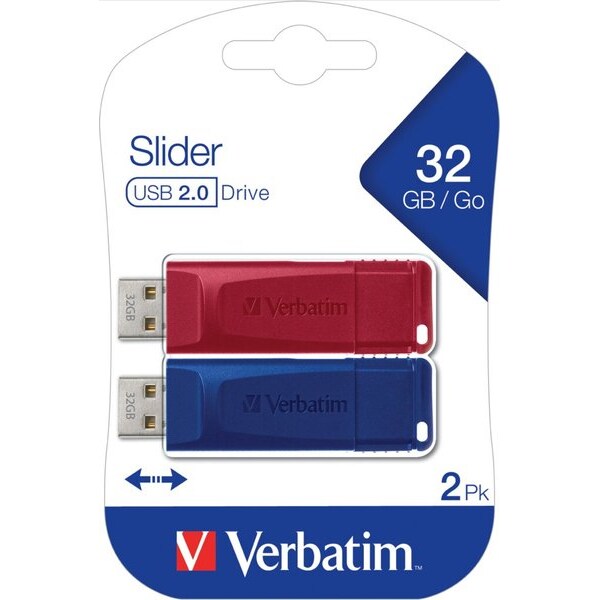 Speicherstick USB 2.0, 32 GB, Store'n'Go Slider, Multipack, Farben: rot, blau, VE = 1 Blister à 2 Stück